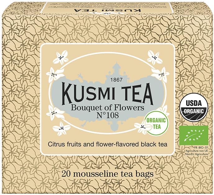 KUSMI TEA شاي كوسمي باقة من الزهور رقم 108 - شاي أسود عضوي بنكهة الحمضيات والزهور - 20 كيس شاي - Image 1